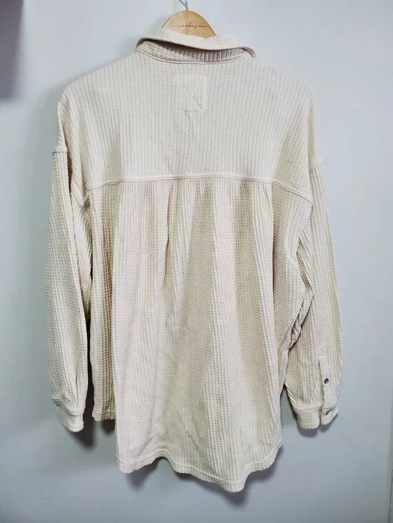 AERIE LumberJane Waffle Shirt Oversized Boxy Button Front Cream Women's Large - Picture 7 of 11